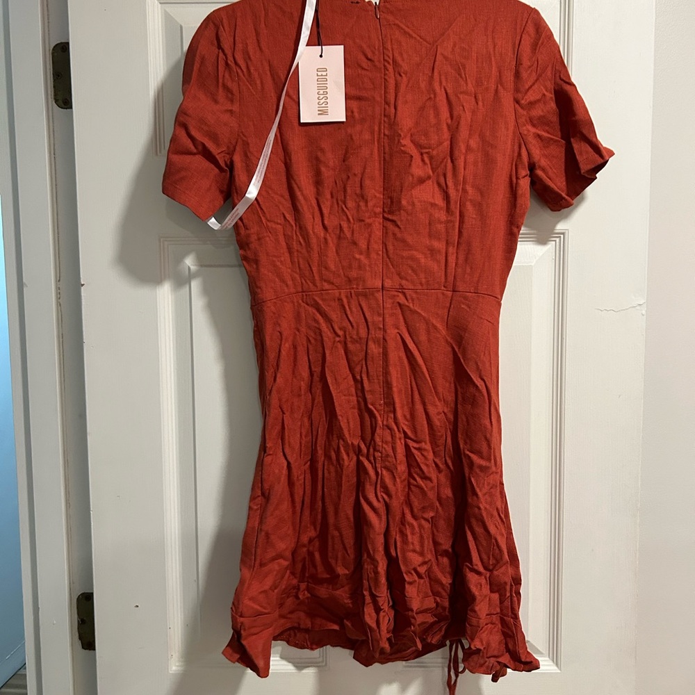 Missguided Rust Rouched Linen Dress - Picture 2 of 5